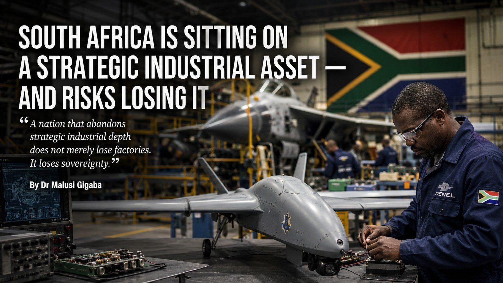 A Denel technician assembles an unmanned aerial vehicle in a South African aerospace and defence manufacturing hall &mdash; South Africa's strategic defence-industrial capability